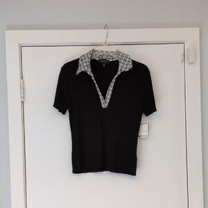 Laundry By Shelli Segal Black Ribbed Short Sleeve V-Neck Trim Large New w Tags